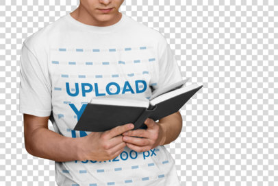 Transparent Cropped Face Mockup of a Man with a T-Shirt Reading at a Library