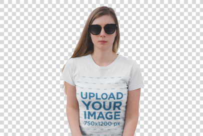Transparent Tshirt Mockup of a Serious Blonde Woman with Blurry Background