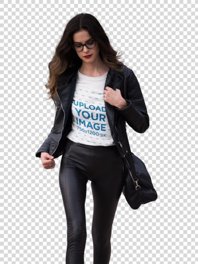 Transparent Woman Wearing a T-Shirt Mockup While Going to Work