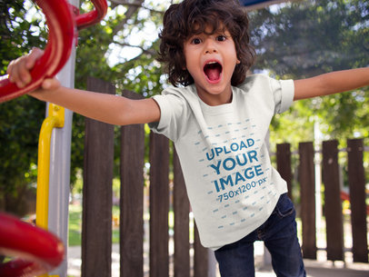 Screaming Kid Wearing a T-Shirt Mockup at the Park