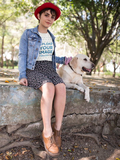 Pretty Woman with her Dog Wearing a Tshirt Mockup