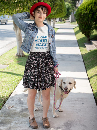 Woman Walking her Dog Wearing a Tshirt Template in the Street