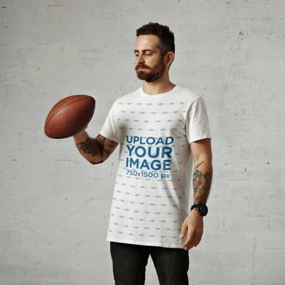 T-Shirt Mockup of a Tattooed Bearded Football Fan