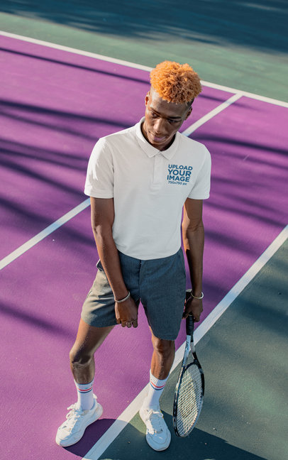 Polo Shirt Mockup of a Tennis Player with a Cool Hairstyle