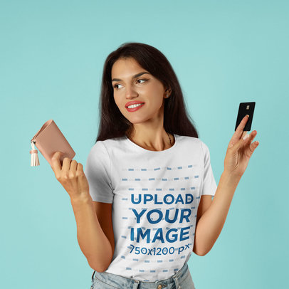 T-Shirt Mockup Featuring a Woman With a Credit Card and a Purse