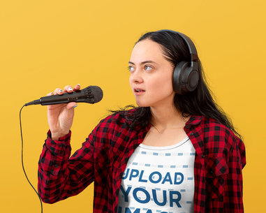 Tank Top Mockup Featuring a Woman Singing with Headphones and a Microphone