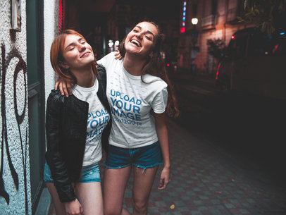 Two Girls Getting out of a Party Wearing T-Shirts Mockup a17971