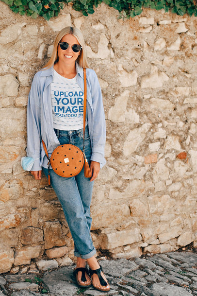 Round-Neck Tee Mockup of a Smiling Woman with a Summer Outfit
