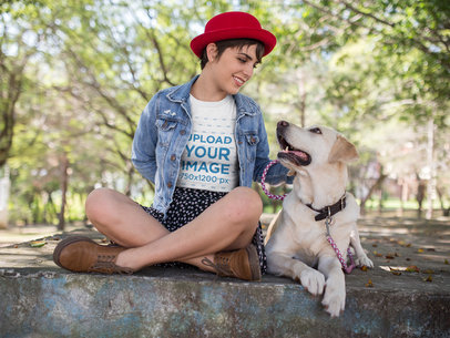 Woman with her Dog Wearing a Tshirt Mockup Outdoors