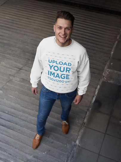Crewneck Sweatshirt Template of a Smiling Man Looking Up a17861