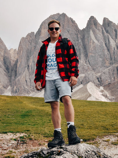 T-Shirt Mockup Featuring a Man Smiling With Mountains in the Background m19525-r-el2