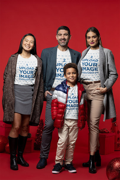 Christmas-Themed Mockup Featuring a Happy Family in Winter Outfits
