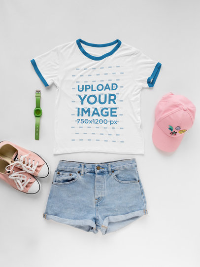 Pink Outfit with Ringer T-Shirt Mockup a17955