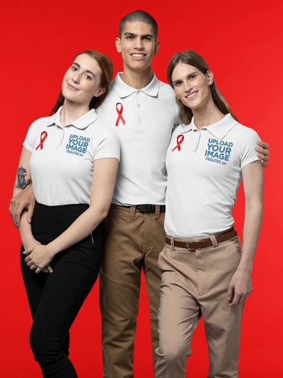 Polo Shirt Mockup of Three Friends Showing Support for Cancer Awareness Month