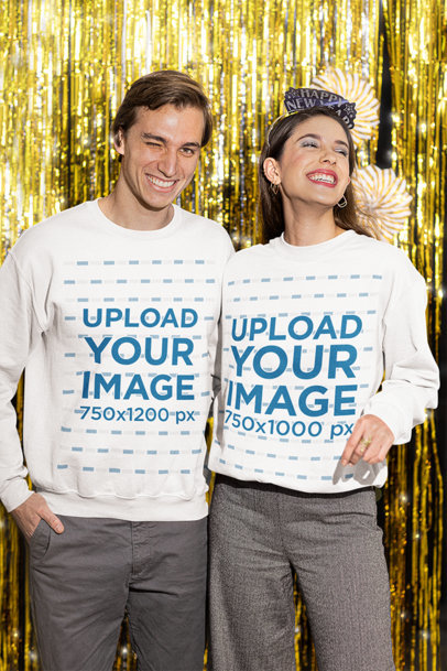 Sweatshirt Mockup Featuring Two Friends Having Fun at a NYE Party