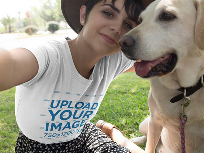 Selfie of a Pretty Woman Wearing a T-Shirt Mockup with her Dog