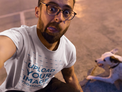 Selfie of a Dude Wearing a Tshirt Mockup while with his Dog