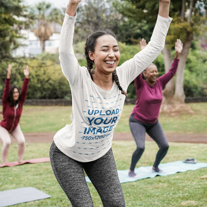 Long Sleeve Tee Mockup of a Smiling Woman at an Outdoor Fitness Class m11923-r-el2