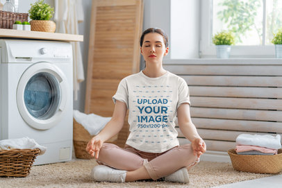 Heathered T-Shirt Mockup of a Relaxed Woman Meditating at Home