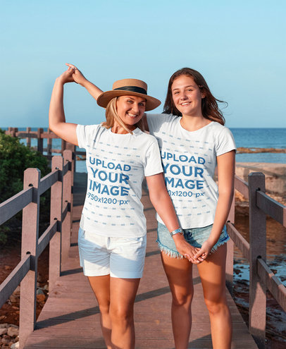 T-Shirt Mockup of a Happy Mom Posing with Her Teenage Daughter