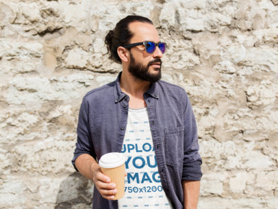 Heathered T-Shirt Mockup of a Man Holding a Cup of Coffee