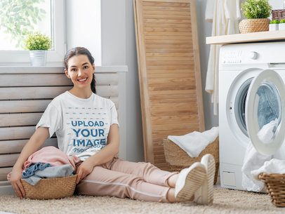 Heathered T-Shirt Mockup of a Woman Doing Laundry
