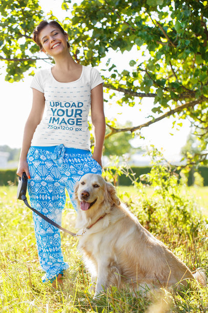 Scoop Neck T-Shirt Mockup of a Happy Woman Posing With Her Dog m19684-r-el2