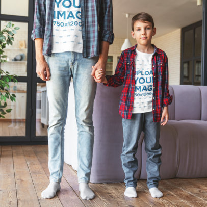 T-Shirt Mockup of a Kid and His Father in Matching Outfits at Home