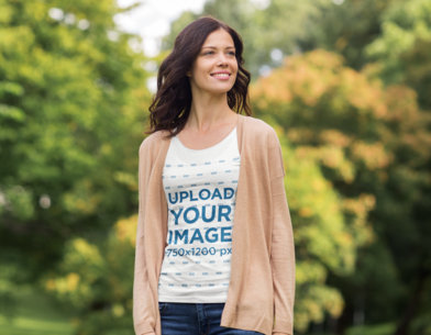 Round-Neck T-Shirt Mockup of a Joyful Woman Surrounded by Trees m13348 r-el2
