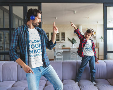 Fun T-Shirt Mockup of a Kid Listening to Some Music with His Dad