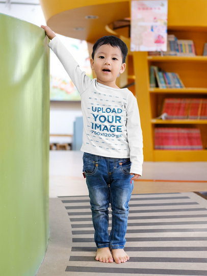 Mockup of a Boy Wearing a Long Sleeve Tee