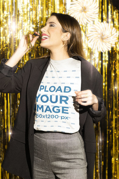T-Shirt Mockup of a Happy Woman Celebrating New Year's Eve