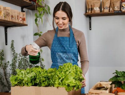 Apron Mockup Featuring a Happy Woman Watering Some Plants