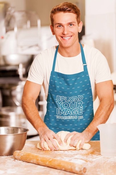 Apron Mockup Featuring a Happy Man Kneading the Dough