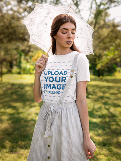 Cottagecore-Themed Tee Mockup of a Woman in the Countryside