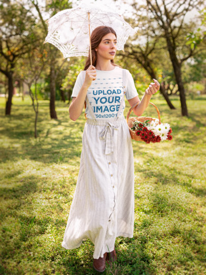 T-Shirt Mockup of a Woman Wearing an Outfit with a Cottagecore Aesthetic M18710