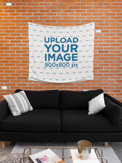 Tapestry Mockup Featuring a Living Room and a Brick Wall m19117