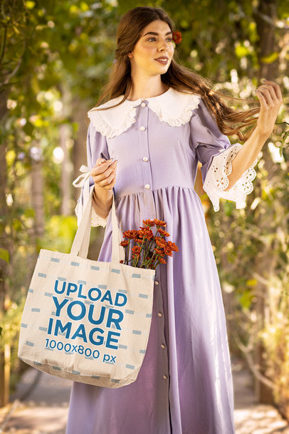 Cottagecore-Themed Mockup of a Countryside Woman Holding a Tote Bag M18727