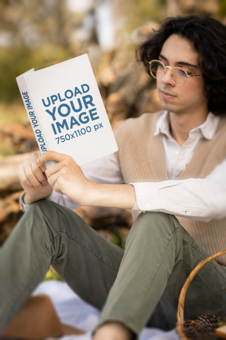 Mockup of a Man Reading a Book Featuring a Cottagecore Aesthetic