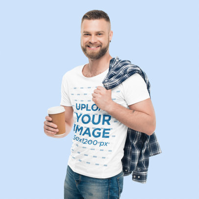T-Shirt Mockup of a Man with an Overshirt on His Shoulder Holding a Beverage m14503-r-el2