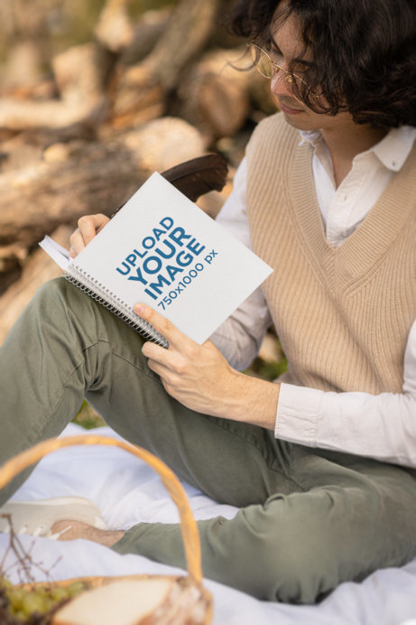 Cottagecore-Inspired Mockup of a Man Writing on a Notebook