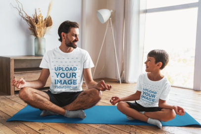 T-Shirt Mockup of a Man and His Son Doing Indoor Yoga