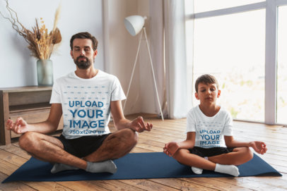 T-Shirt Mockup of a Man and His Son Meditating at Home
