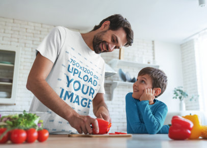 T-Shirt Mockup of a Happy Dad Cooking with His Son