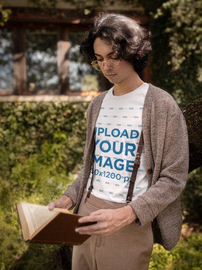 Bella Canvas Tee Mockup of a Young Man in a Cottagecore-Inspired Outfit Reading m18179