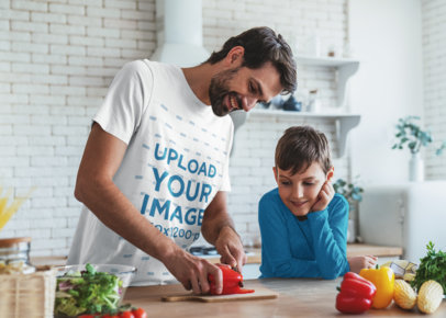 Round-Neck Tee Mockup of a Man Cutting Vegetables with His Son