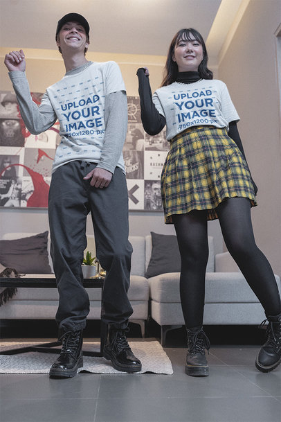 T-Shirt Mockup of an E-Boy and an E-Girl Doing a Trendy Dance