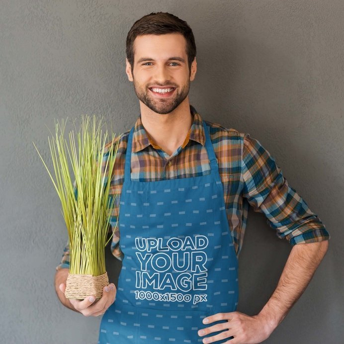 Sublimated Apron Mockup of a Bearded Man Holding a Plant