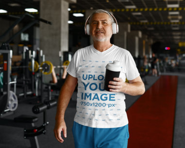 V-Neck T-Shirt Mockup of a Senior Man Getting Ready to Exercise