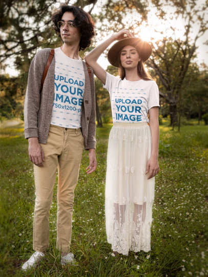 T-Shirt Mockup Featuring a Couple with Countryside-Outfits on a Garden